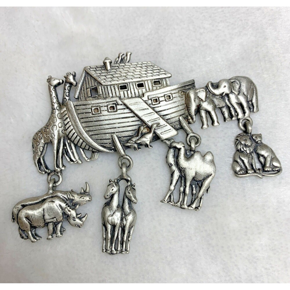 JJ Noah's Ark Animal Dangle Brooch Silver Pewter Tone Figural Pin Vintage Signed